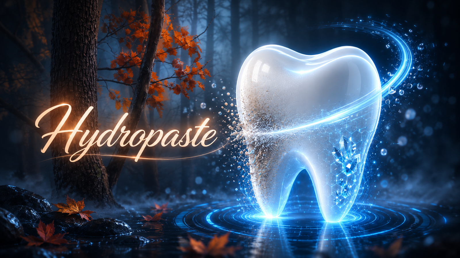 HydroPaste micro-abrasive polishing hero image showing tooth polish, enamel smoothing, surface stain removal, and hydroxyapatite mineral support in a dark forest design.