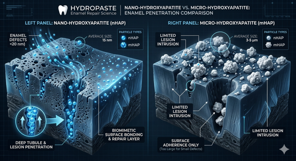 A dark premium dental infographic comparing nano hydroxyapatite toothpaste vs micro hydroxyapatite toothpaste. The left panel shows ultra-small nano-sized particles deeply penetrating microscopic enamel defects and tubules. The right panel shows larger micro-sized particles sitting on the tooth surface with limited lesion intrusion.