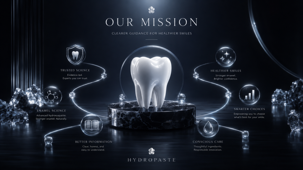 Hydropaste Our Mission image showing nano-hydroxyapatite oral care, enamel science, trusted guidance, smarter product choices, and healthier smiles.