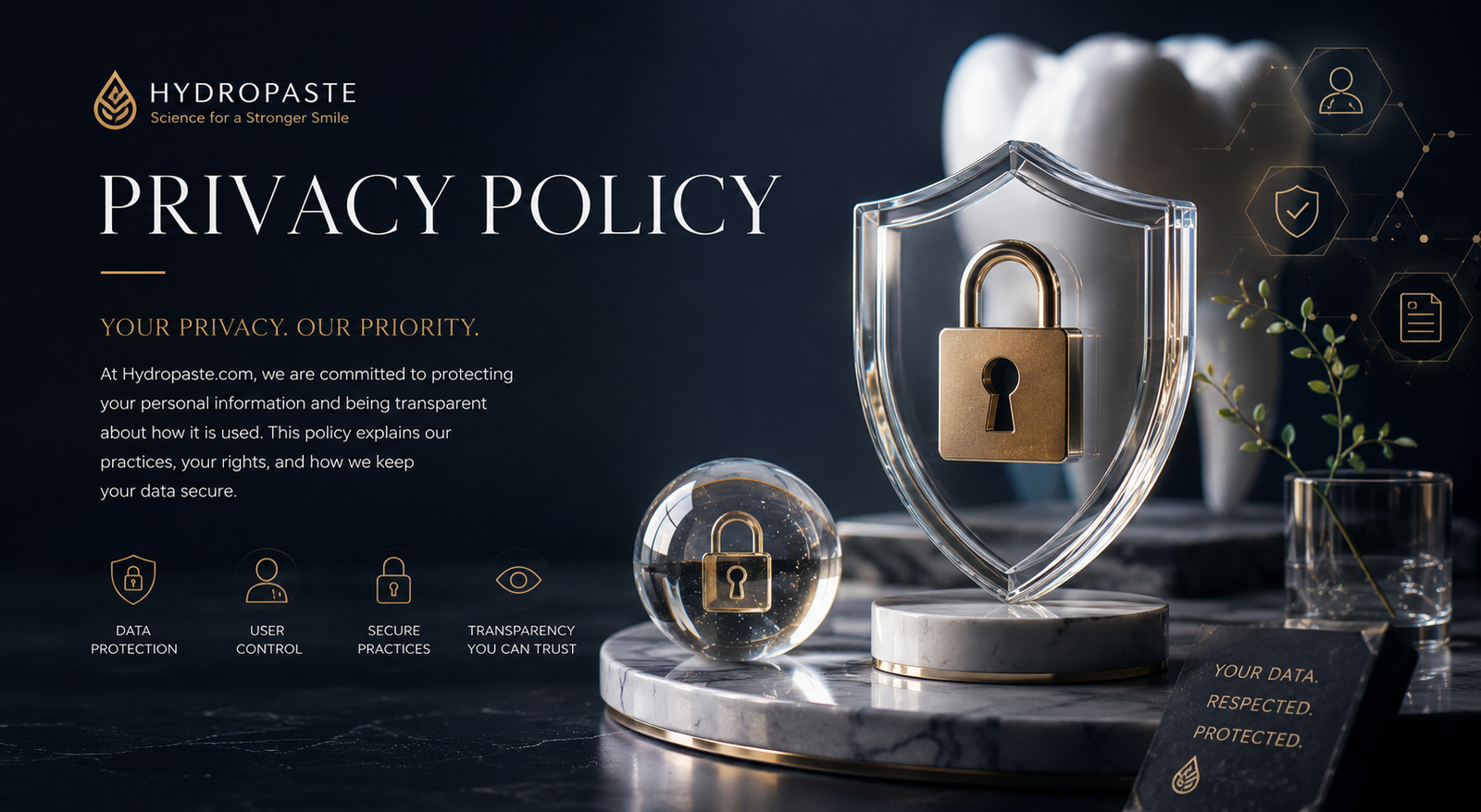 Hydropaste Privacy Policy hero image with a glass security shield, gold lock, privacy icons, data protection symbols, and premium oral care branding.