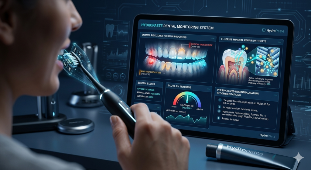 A user is shown operating a futuristic HydroPaste smart toothbrush that connects to a tablet displaying a dental monitoring system dashboard. The dashboard visualizes enamel risk zones, fluoride mineral repair pathways, saliva pH tracking, and personalized remineralization recommendations.