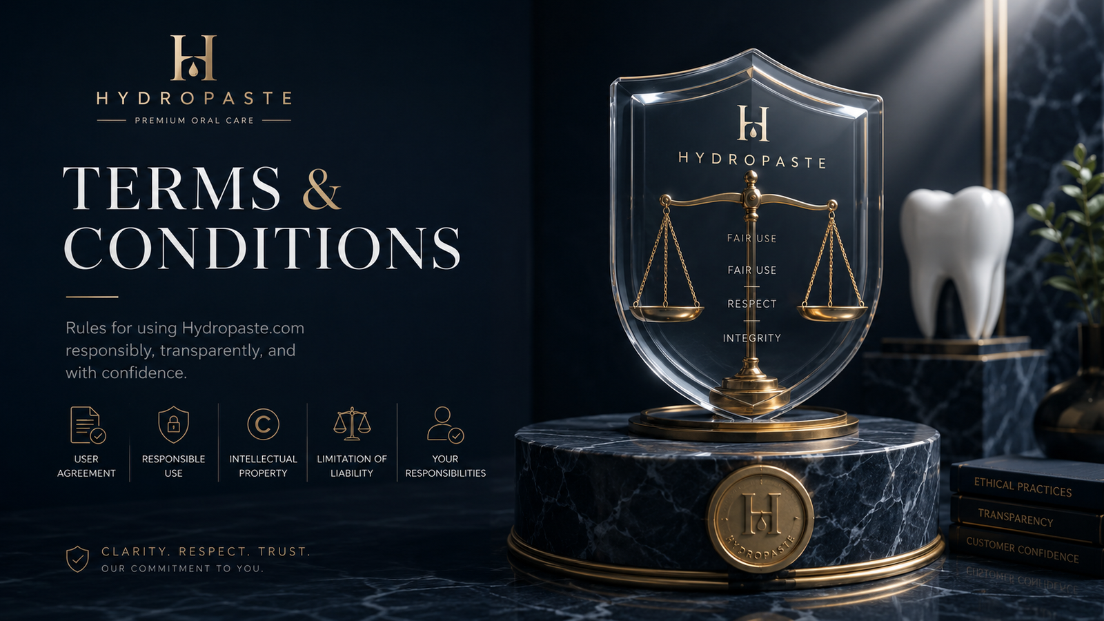 Hydropaste Terms and Conditions hero image with legal shield, gold balance scale, user agreement icons, intellectual property symbols, liability limits, and premium oral care branding.