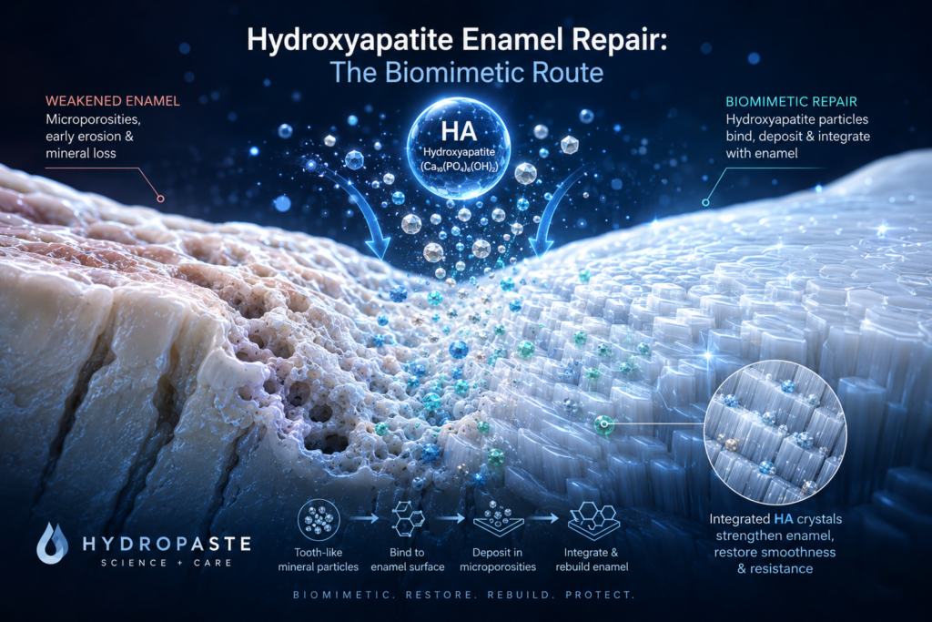 Scientific illustration of hydroxyapatite enamel repair showing tooth-like mineral particles binding to weakened enamel, filling microscopic defects, and rebuilding a stronger enamel surface through biomimetic remineralization.