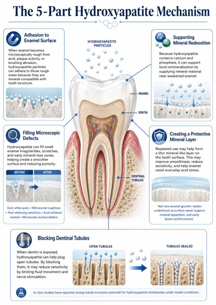Infographic explaining the 5-part hydroxyapatite mechanism, including enamel adhesion, microscopic defect filling, mineral redeposition, protective layer formation, and dentinal tubule blocking for tooth sensitivity support.