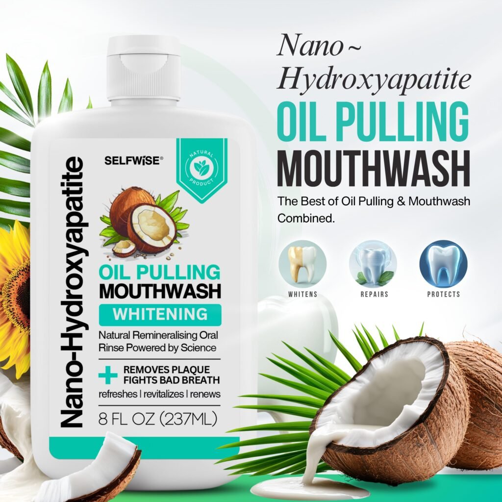 Hydroxyapatite rinse bottle with oil pulling mouthwash formula, coconut imagery, whitening benefits, and enamel repair and protection icons.