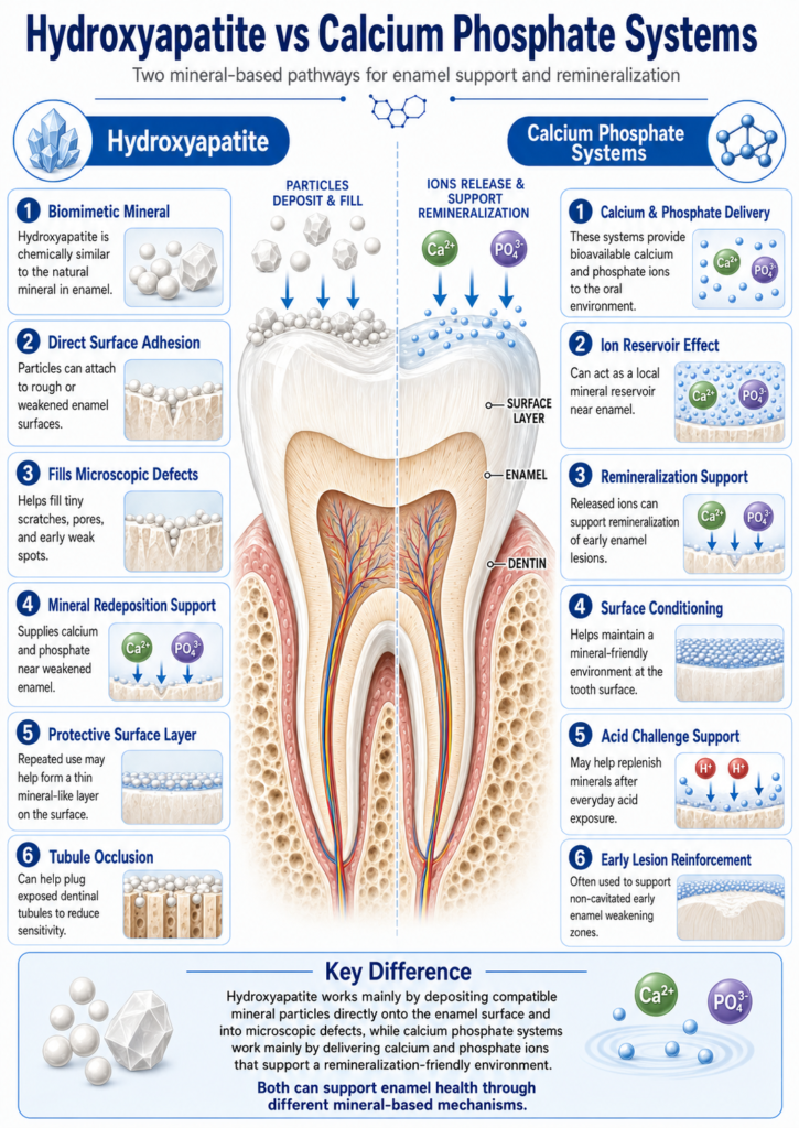 Infographic comparing hydroxyapatite vs calcium phosphate systems for enamel remineralization, showing how hydroxyapatite deposits mineral particles while calcium phosphate systems deliver calcium and phosphate ions.