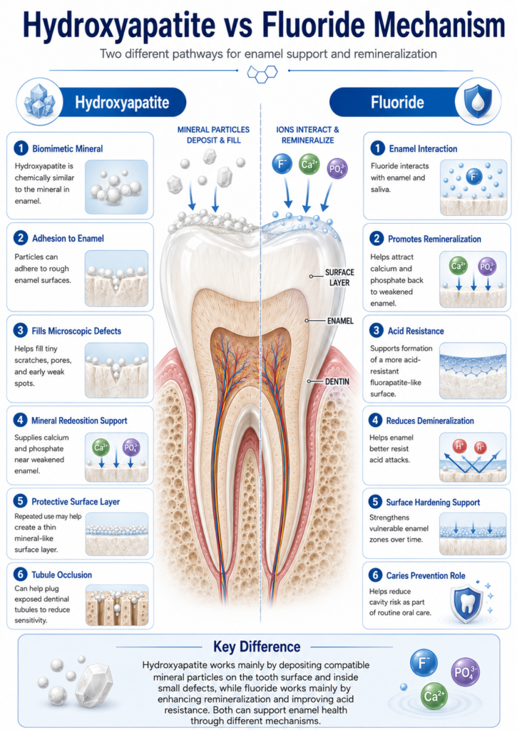 Infographic comparing the hydroxyapatite vs fluoride mechanism for enamel remineralization, showing how hydroxyapatite deposits mineral particles while fluoride supports acid resistance and cavity prevention.