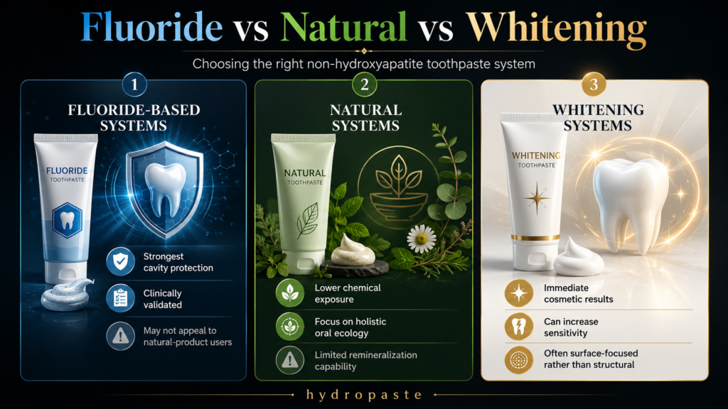 Hydroxyapatite vs fluoride toothpaste comparison image showing fluoride-based, natural, and whitening toothpaste systems for cavity protection, clean-label oral care, and stain removal.
