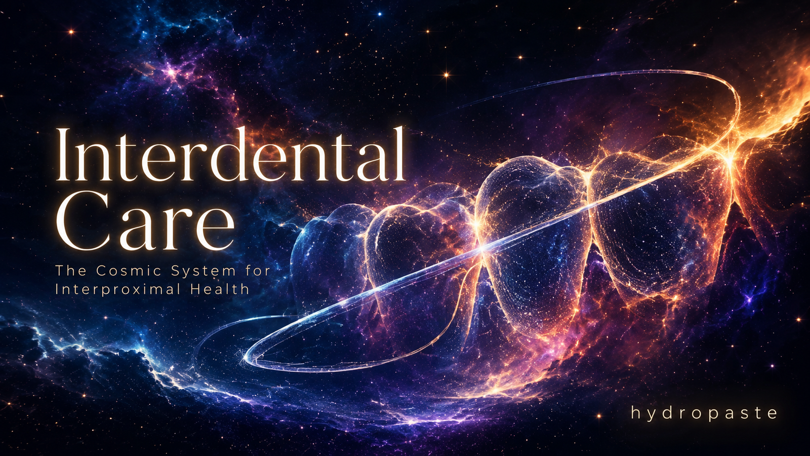 Interdental care hero image showing cosmic teeth, floss-like light trails, and plaque removal pathways for interproximal health.