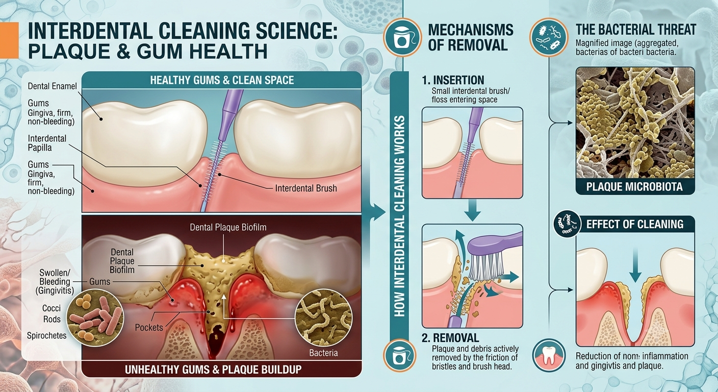 Educational infographic detailing interdental cleaning science, comparing healthy interproximal spaces with an interdental brush to unhealthy gums with plaque biofilm buildup and gingivitis.