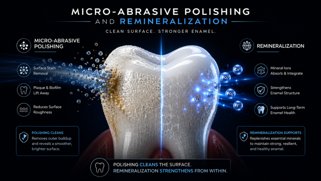 Dark dental infographic explaining is tooth polishing safe, showing micro-abrasive polishing removing surface stains while remineralization supports enamel strength.