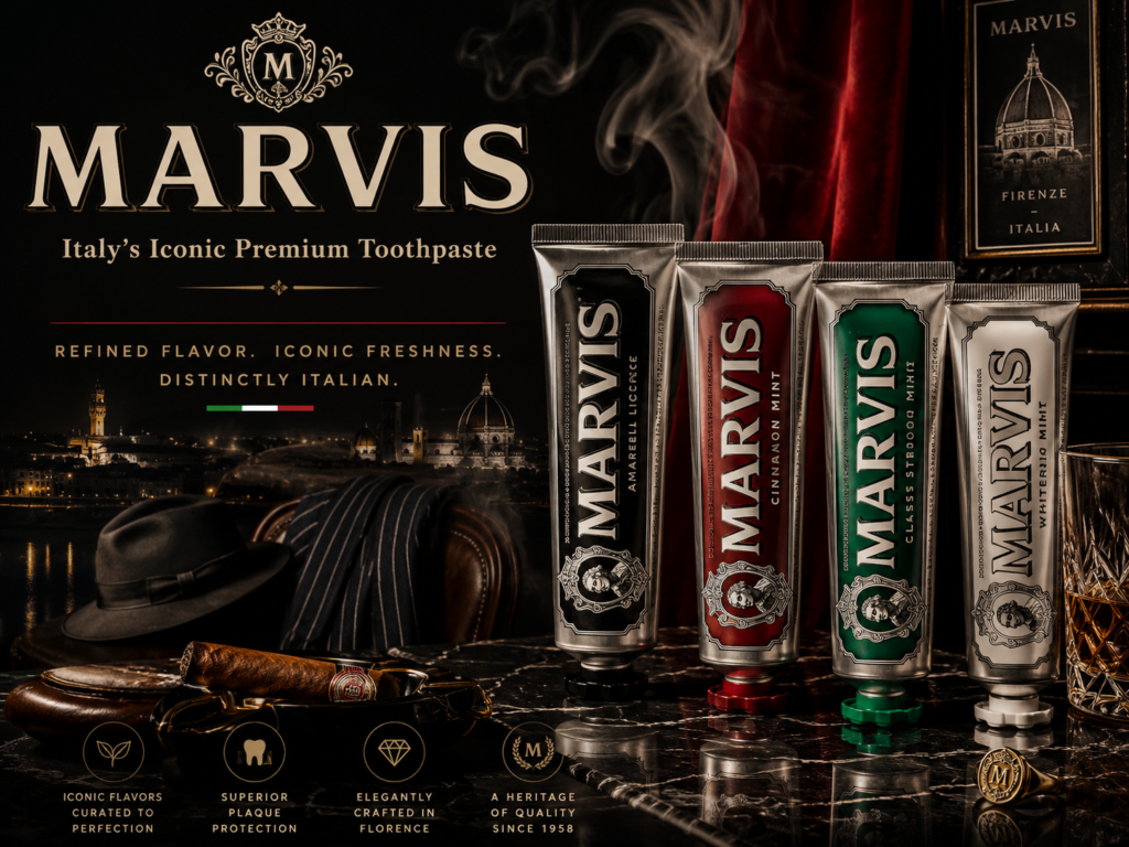 MARVIS premium Italian toothpaste image showing luxury oral care, iconic toothpaste tubes, refined mint flavors, polished teeth, and high-end grooming style.
