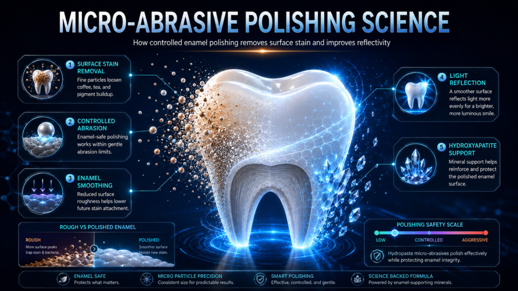 Micro-abrasive polishing science infographic showing tooth polish, tooth polisher action, tooth powder stain removal, enamel smoothing, and hydroxyapatite support.
