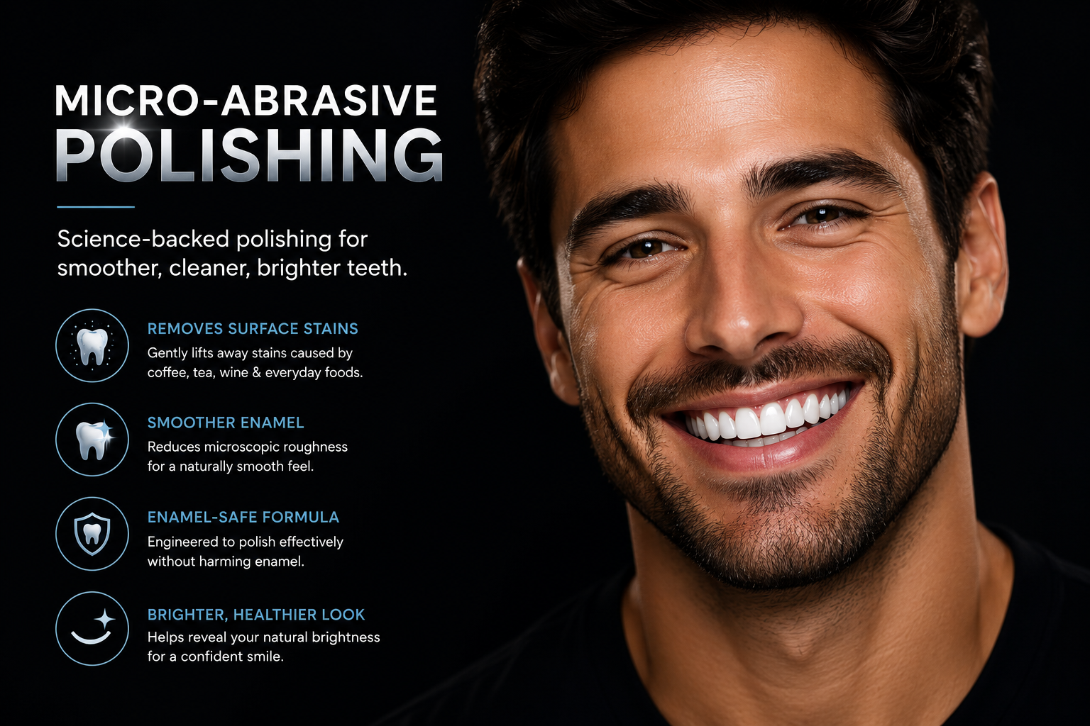 Smiling man with clean shiny teeth showing tooth polishing results from a micro-abrasive tooth polisher on a dark background.