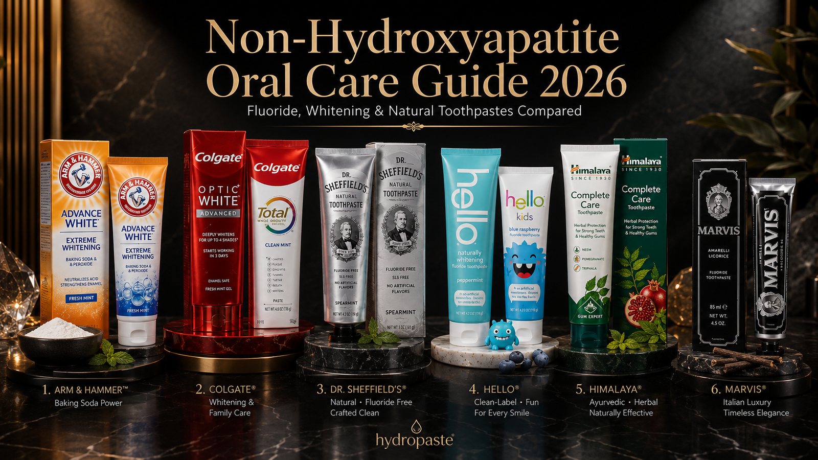 Non-hydroxyapatite oral care guide hero image showing Arm & Hammer, Colgate, Dr. Sheffield’s, Hello, Himalaya, and MARVIS toothpaste brands for fluoride, whitening, natural, kids, herbal, and premium oral care.