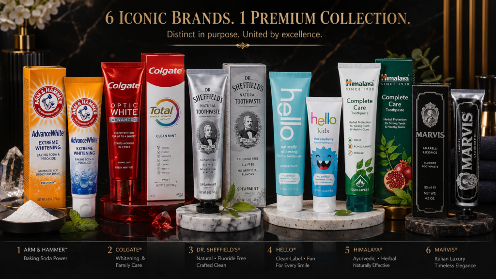 Premium non-hydroxyapatite toothpaste collection featuring Arm & Hammer, Colgate, Dr. Sheffield’s, Hello, Himalaya, and MARVIS for whitening, fluoride free, herbal, and luxury oral care.