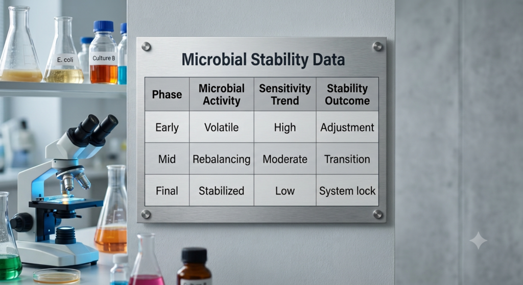 A professional laboratory data chart detailing the oral microbiome 7-Day Reset stability process, showing Phase, Microbial Activity, Sensitivity Trend, and Stability Outcome without any people in the background.