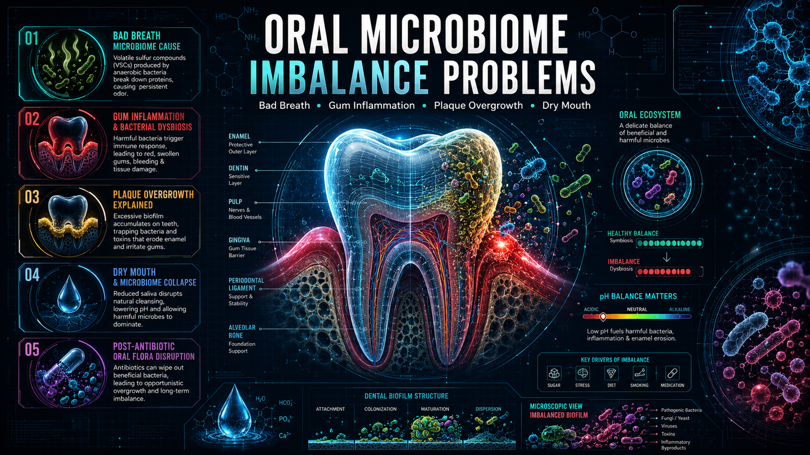 Oral microbiome imbalance problems infographic showing bad breath, gum inflammation, plaque overgrowth, dry mouth, and bacterial dysbiosis.