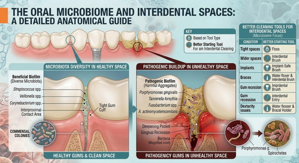 A scientific anatomical infographic illustrating the oral microbiome within healthy and unhealthy interdental spaces, contrasting beneficial commensal bacteria with pathogenic biofilm aggregates like Porphyromonas gingivalis.