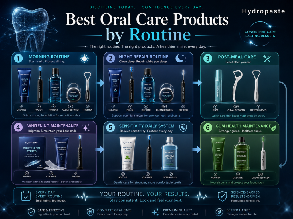 Oralcare routine infographic showing morning routine, night repair routine, post-meal care, whitening maintenance, sensitivity daily system, and gum health maintenance with toothpaste, mouthwash, electric toothbrush, floss tools, and breath spray.