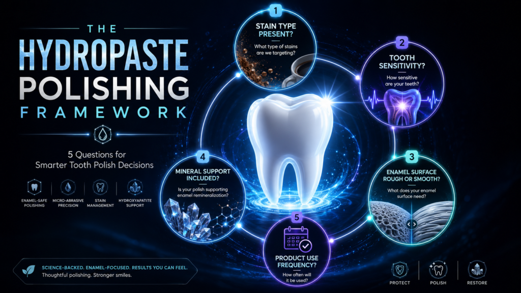 HydroPaste Polishing Framework infographic showing tooth polish decision factors including stain type, tooth sensitivity, enamel surface texture, mineral support, and product use frequency.