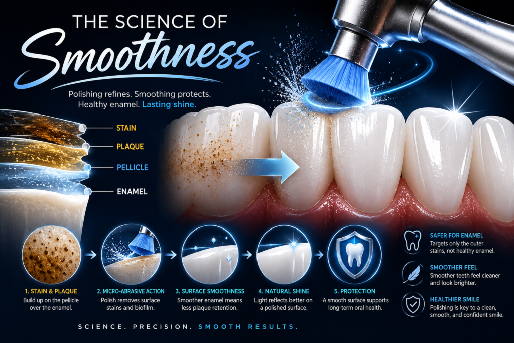 Dark dental infographic showing the science of smoothness with rough stained enamel before polishing and a clean polished tooth surface after micro-abrasive polishing.
