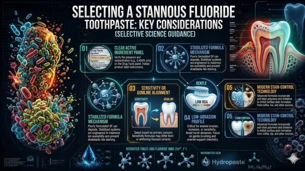 A high-resolution dental science infographic detailing what to look for in a stannous fluoride toothpaste. The dark-themed, blue-white clinical graphic covers five buying criteria: a clear active ingredient panel (0.454%), stabilized formulas, sensitivity versus gumline target alignment, a low-abrasion (Low RDA) profile, and modern stain-control technology.