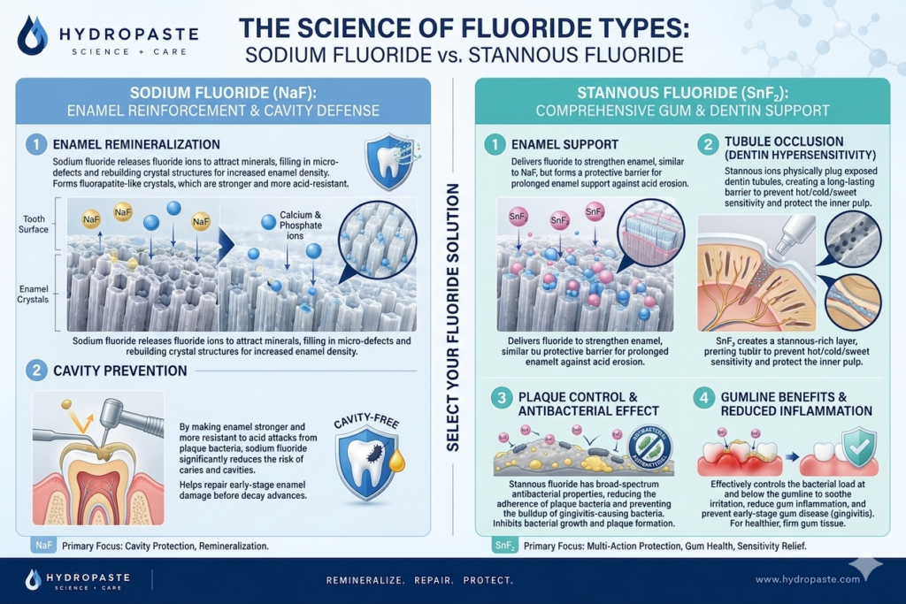 A split comparison infographic explaining sodium fluoride vs stannous fluoride under the Hydropaste brand, showing enamel remineralization and cavity prevention on one side, and tubule occlusion, plaque control, and gumline benefits on the other.