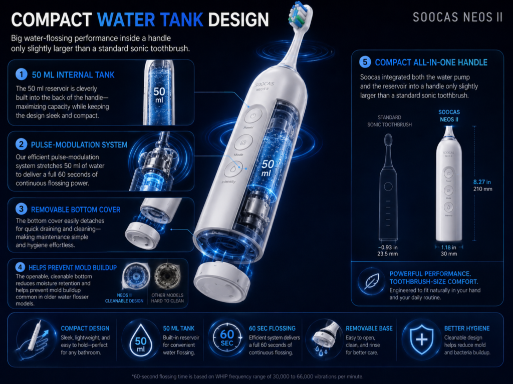 Soocas electric toothbrush infographic showing a compact 50ml internal water tank, built-in pump, pulse-modulation flossing system, and removable bottom cover for better hygiene.