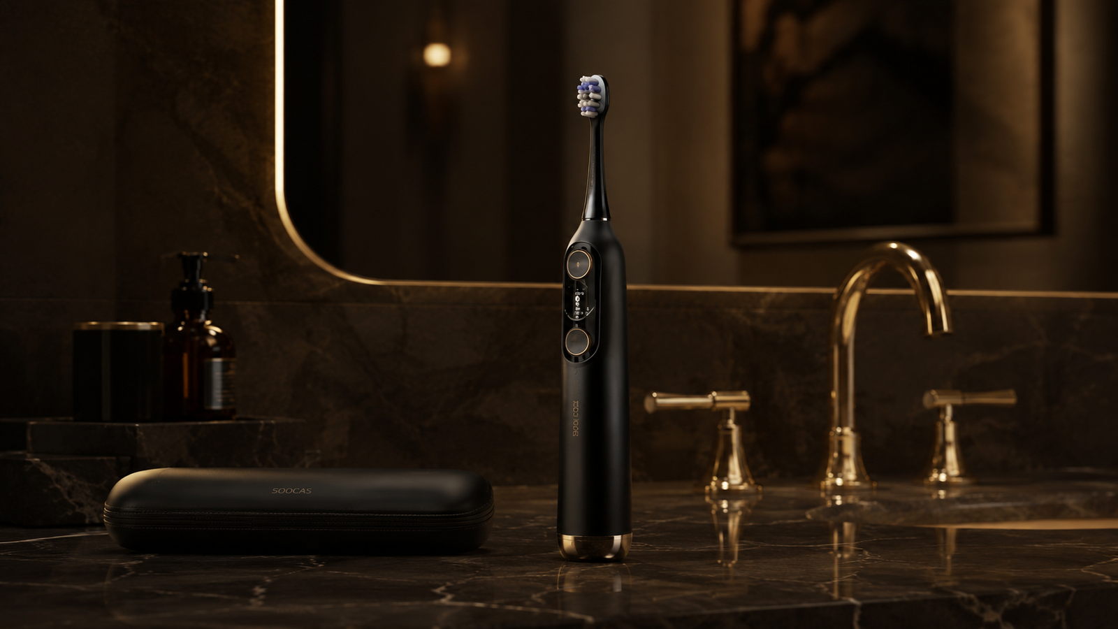Soocas NEOS II black electric toothbrush displayed on a dark luxury bathroom countertop with gold fixtures, premium case, and elegant oral care styling.