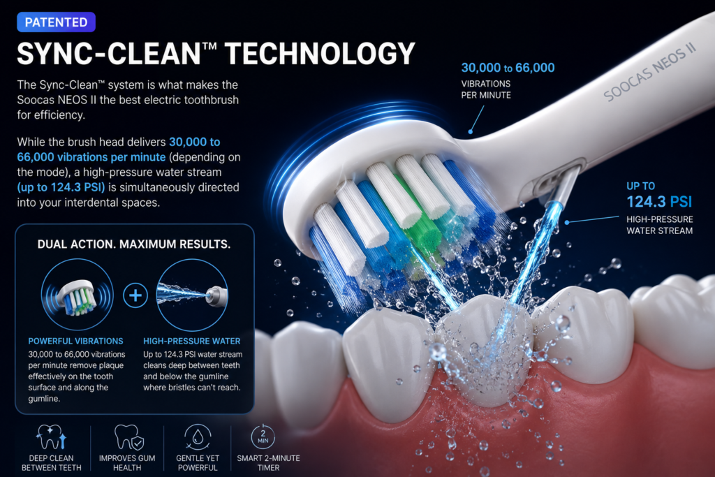 Soocas NEOS II Ultra Review infographic showing patented Sync-Clean technology with sonic brush vibrations and high-pressure water stream cleaning between teeth.