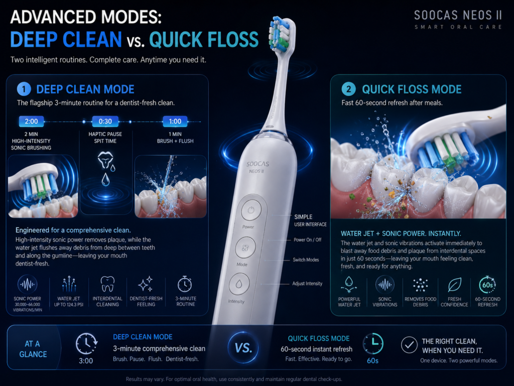 Soocas toothbrush infographic comparing Deep Clean Mode and Quick Floss Mode with sonic brushing, water jet cleaning, three tactile buttons, and smart oral care programs.