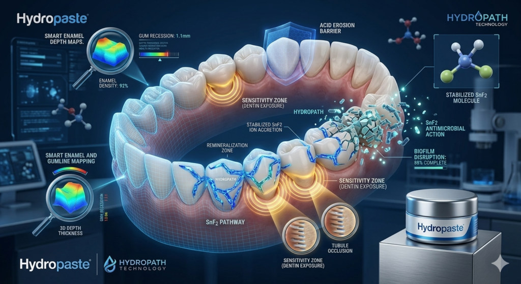 A futuristic dental technology infographic from Hydropaste showing smart enamel and gumline depth mapping on a 3D dental arch. The dark blue clinical-tech graphic illustrates stabilized stannous fluoride pathways targeting sensitivity zones (dentin exposure), causing plaque biofilm disruption, and forming an acid erosion barrier.