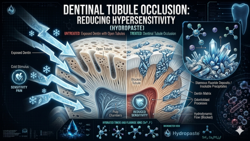 A high-resolution dental science infographic demonstrating how stannous fluoride for sensitive teeth works. The split-screen cross-section shows untreated exposed dentin with open tubules admitting cold stimulus arrows versus a Hydropaste-treated state where insoluble crystalline precipitates block the tubules to reduce sensitivity pain.