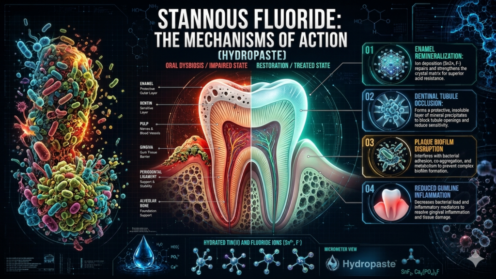 A high-resolution dental science infographic illustrating the stannous fluoride toothpaste mechanism of action on a cross-section tooth and gumline, featuring enamel remineralization, dentinal tubule occlusion, plaque biofilm disruption, and reduced gingival inflammation on a dark background.