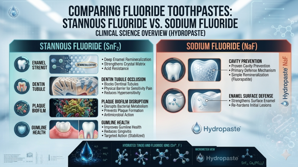 A split-screen clinical infographic comparing stannous fluoride vs sodium fluoride. The left panel shows Stannous Fluoride ($\text{SnF}_2$) providing comprehensive care across four areas: enamel strength, dentin tubule occlusion, plaque biofilm disruption, and gumline health. The right panel shows Sodium Fluoride ($\text{NaF}$) focused specifically on surface enamel defense and cavity prevention.