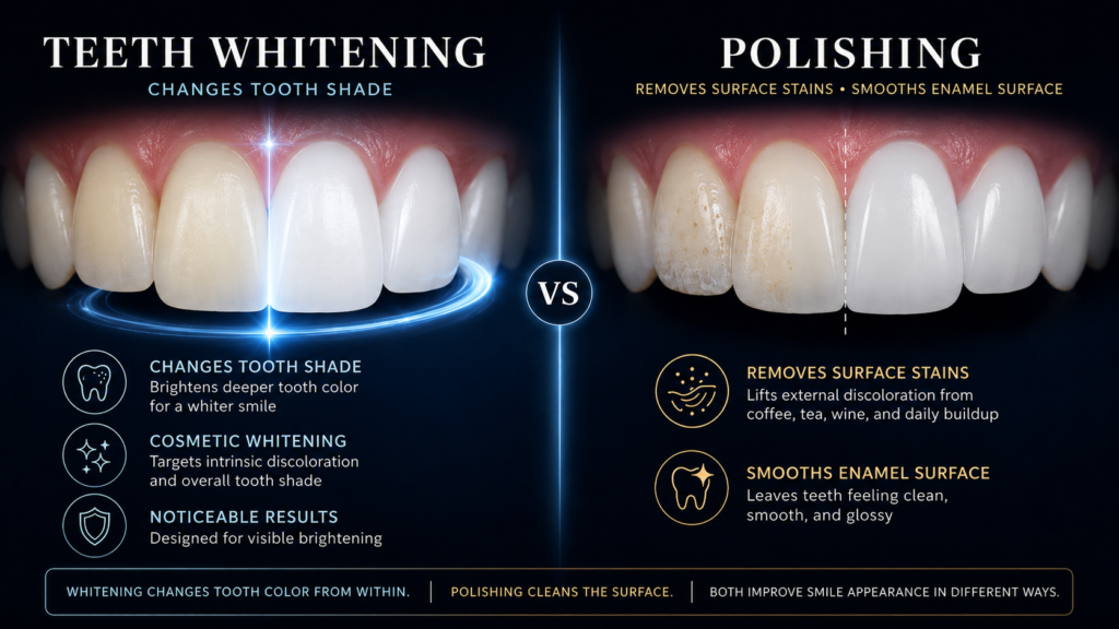 Dark dental comparison image showing teeth whitening versus polishing, with whitening changing tooth shade and polishing removing surface stains.