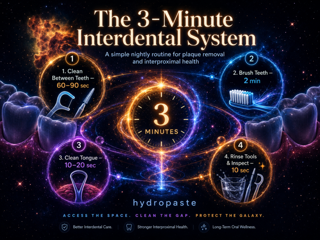The 3-Minute Interdental System infographic showing a nightly interdental care routine for plaque removal, tongue cleaning, brushing, and interproximal health.