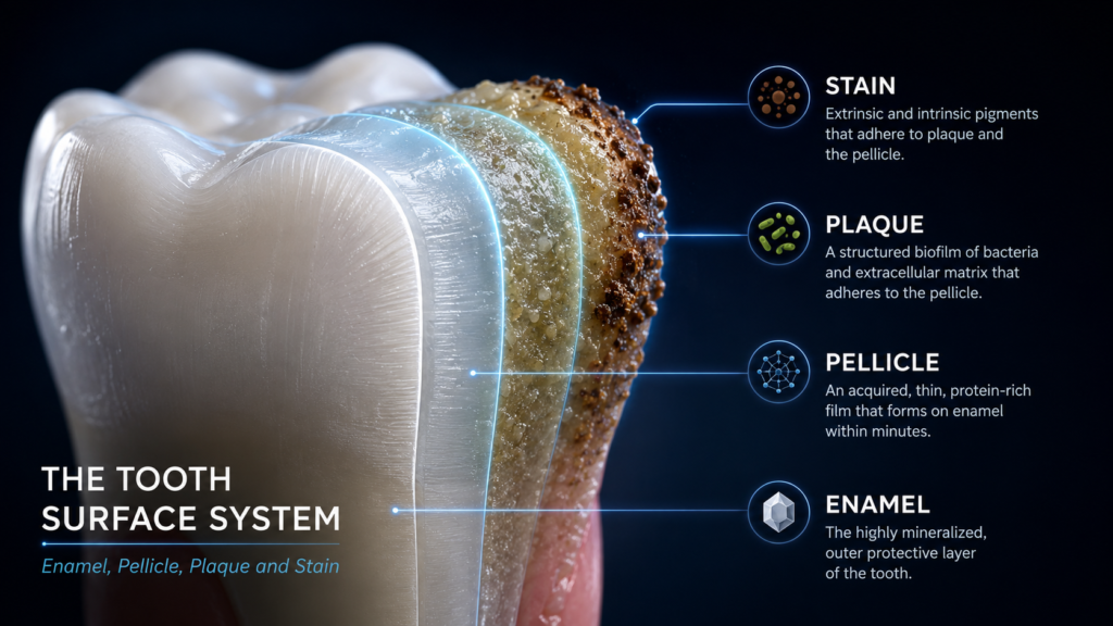 Tooth surface system infographic showing enamel, pellicle, plaque, and stain layers on a tooth in a dark clinical design.