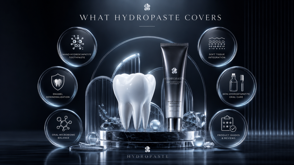 Luxury Hydropaste visual showing nano-hydroxyapatite toothpaste, enamel remineralization, oral microbiome balance, soft tissue care, non-hydroxyapatite oral care, and product reviews.