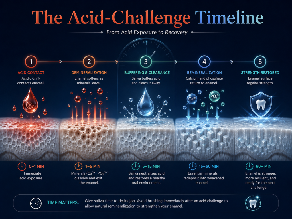 Acid-challenge timeline showing enamel demineralization, saliva buffering, mineral redeposition and recovery after acidic exposure.
