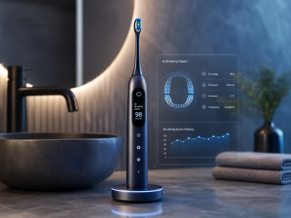 AI toothbrush with smart brushing analysis, pressure tracking, coverage monitoring, and a digital oral care display.