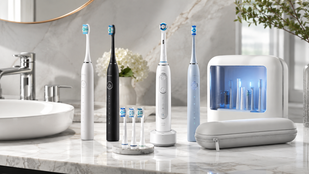 Best electric toothbrush hub featuring sonic and oscillating toothbrushes, replacement brush heads, UV sanitizer, charging dock and travel case.