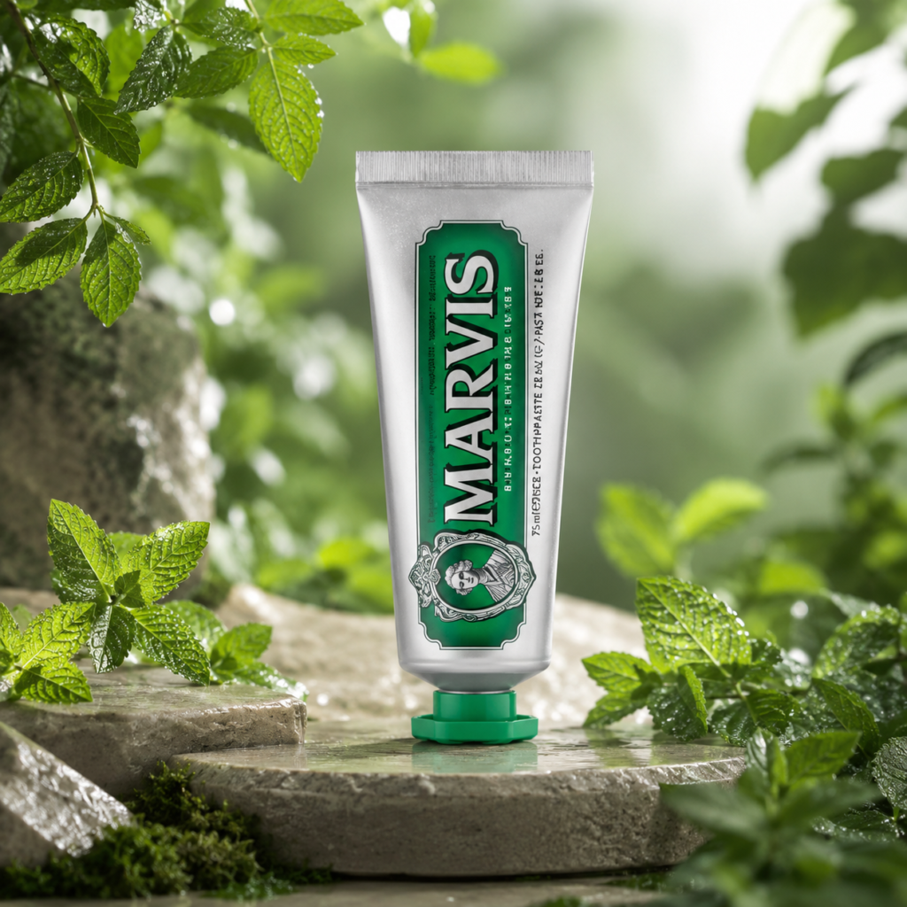 Best Marvis toothpaste displayed among fresh mint leaves, dewy greenery, and natural stone in a bright botanical setting.