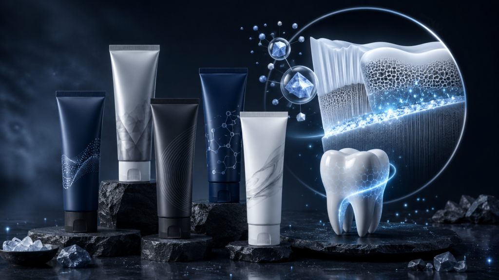 Best remineralizing toothpaste options displayed beside a tooth enamel cross-section showing mineral repair and enamel strengthening.