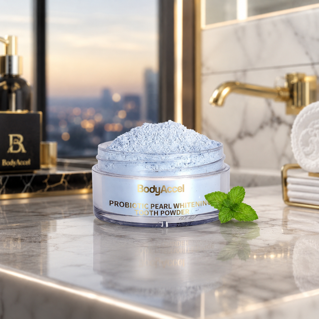 BodyAccel Teeth Whitening Powder displayed on a luxury marble vanity in an elegant penthouse bathroom.