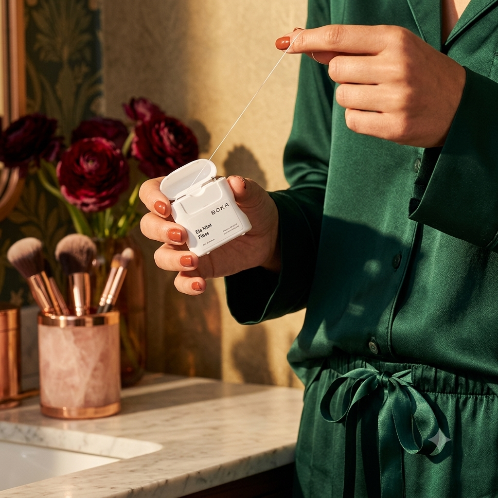 A person wearing emerald green silk pajamas holds a white container of Boka dental floss over a luxury marble vanity.