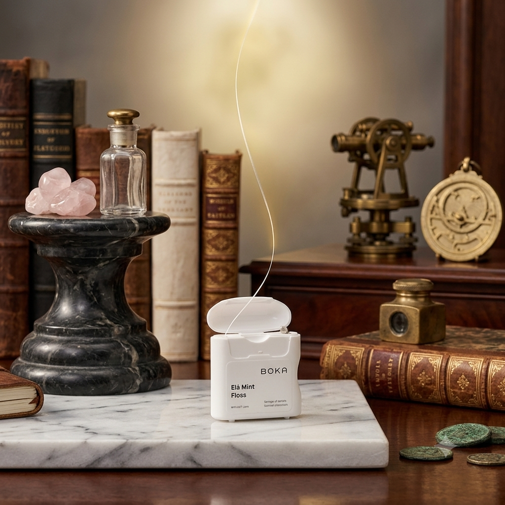 An opened container of Boka Ela Mint Floss sits on a white marble plinth in a luxury antique study surrounded by vintage leather-bound books and brass artifacts.