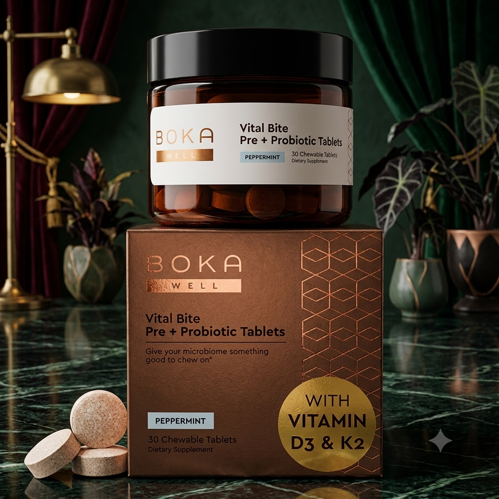 An amber glass jar of Boka prebiotic probiotic tablets stacked on a bronze geometric box over a dark green marble surface.