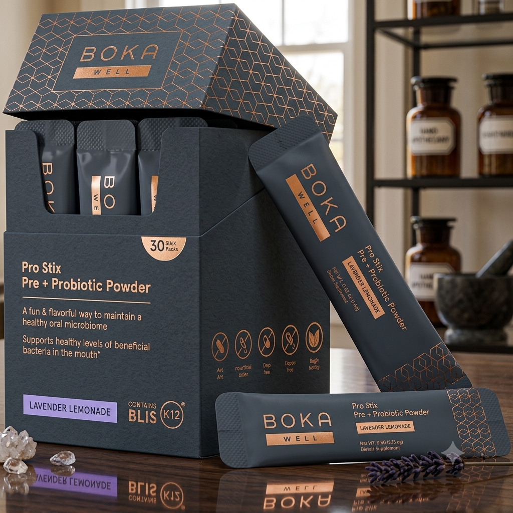 A luxury dark gray and rose gold box of Boka Pro Stix oral probiotics displayed on a polished wooden table next to lavender sprigs and raw crystals.